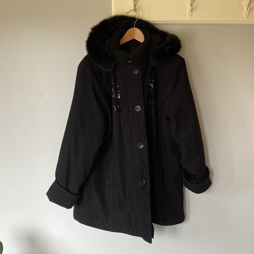 Vintage Nuage sequinned floral black monochrome parka winter coat